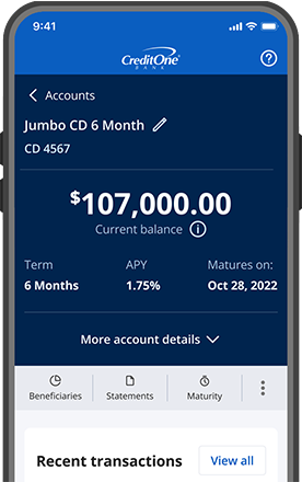 Credit One Bank Mobile app on a phone