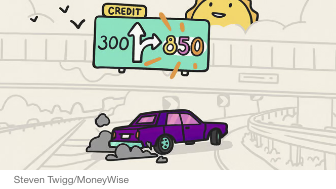 Illustration of a car leaving the freeway headed towards an 850 credit score.